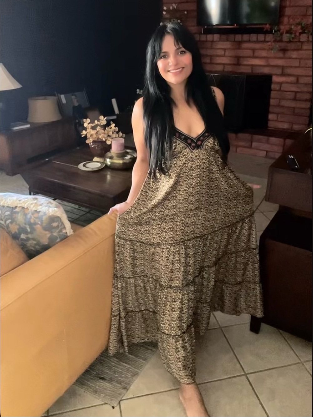 Boho Tiered Maxi Dress in Neutral Floral Print